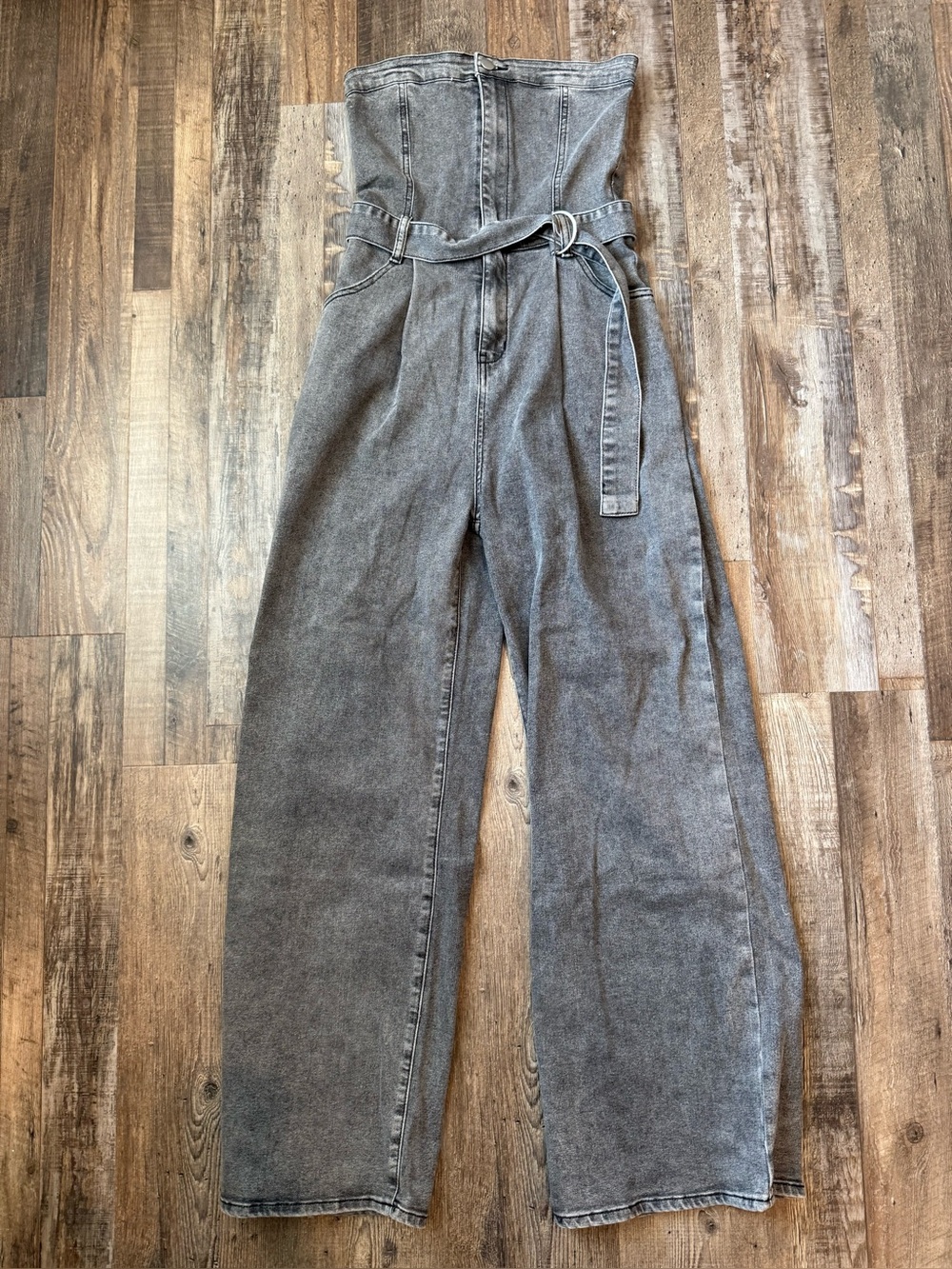 Strapless Wide-Leg Jean Jumpsuit - Gray